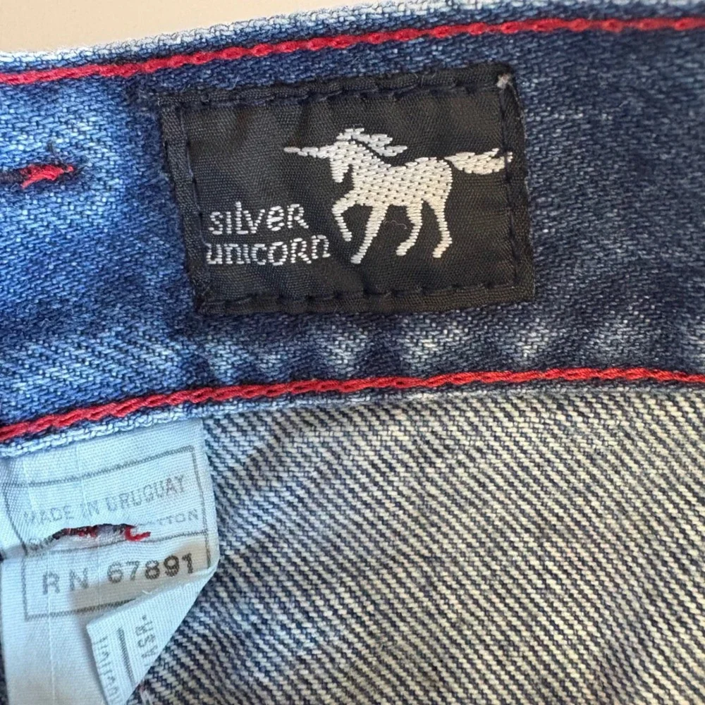 Vintage Silver Unicorn Mickey Mouse Denim Skirt High Waist Red Stitch Blue 12